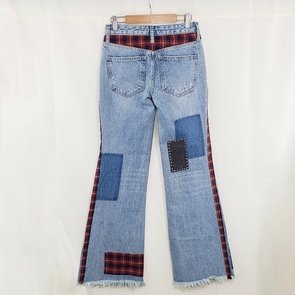 Free People Plaid Mixed Slim Flare Jeans patchwork studded size 24 - Picture 5 of 9